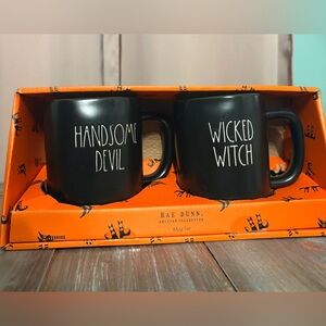 NEW Rae Dunn Halloween Coffee Mug Set Handsome Devil Wicked Witch Black Pair